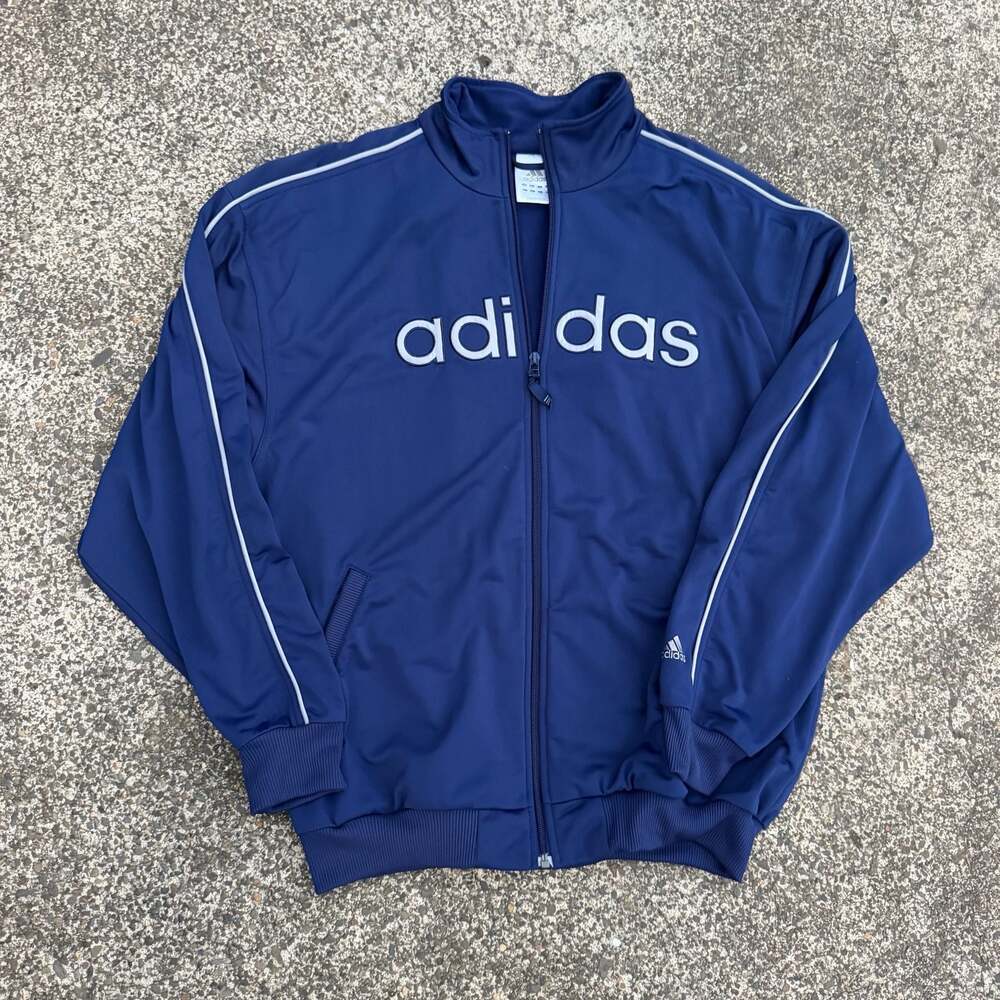 Vintage Adidas Spellout Logo Full-Zip Track Jacket Navy Blue